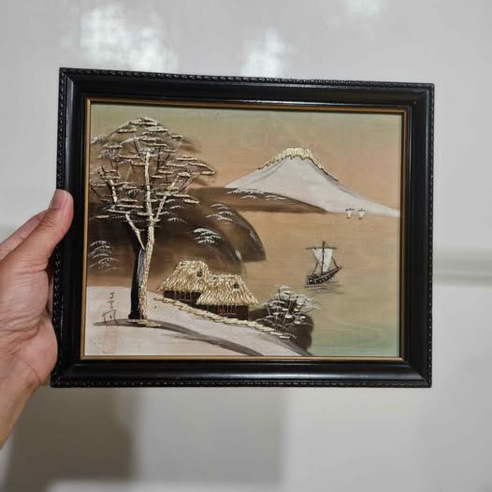 Framed Japanese Embroidered Art Mount Fuji Landscape